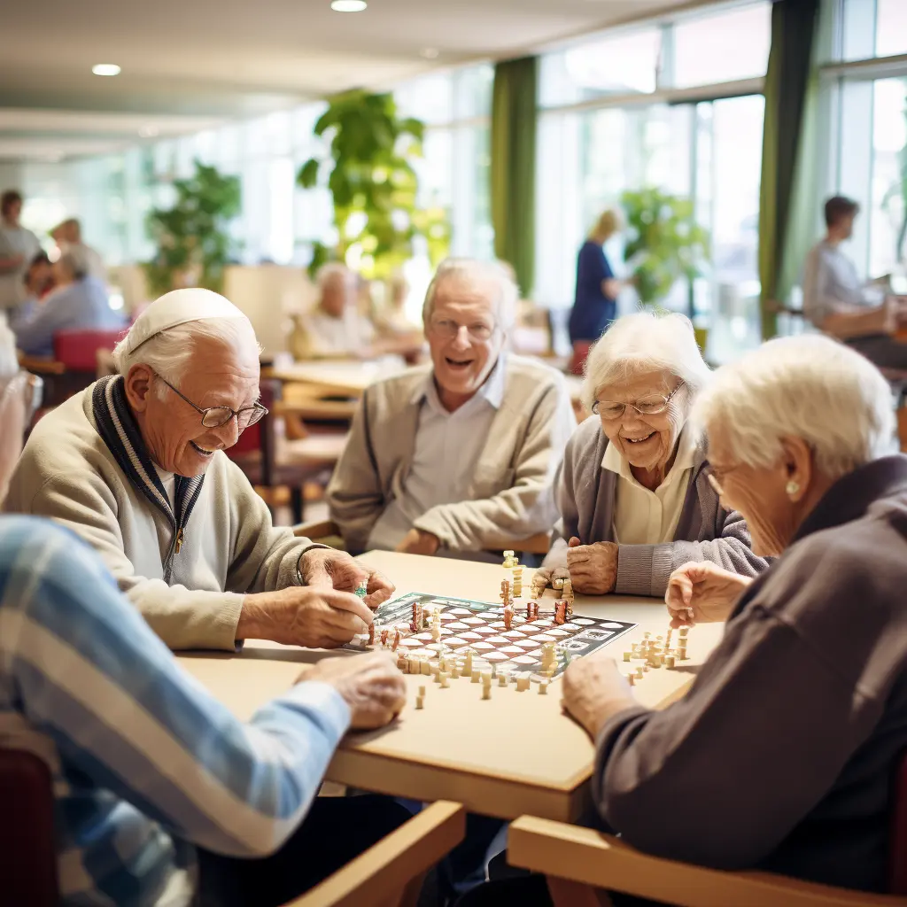 Happy seniors playing board games