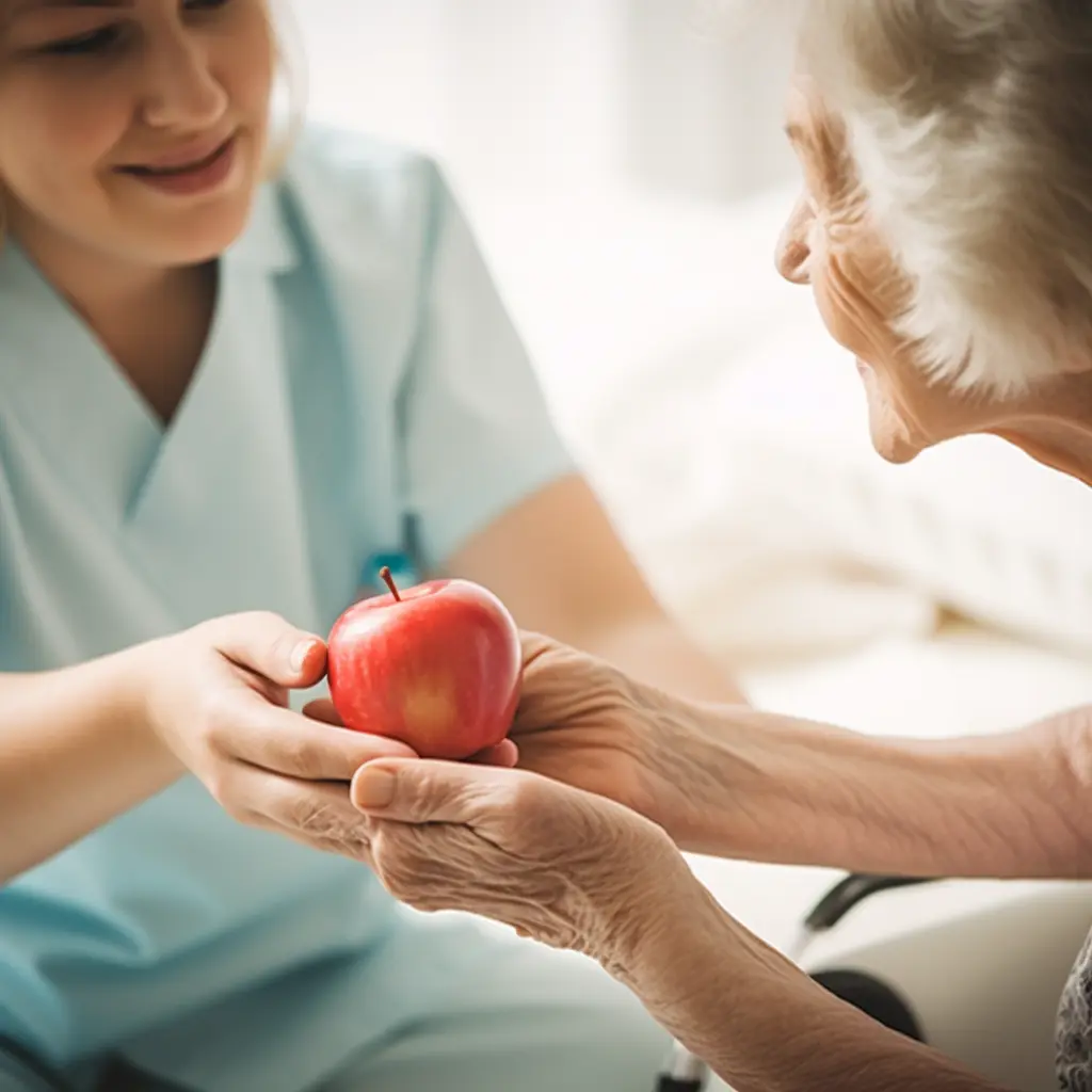 Nurse giving an apple to old woman.