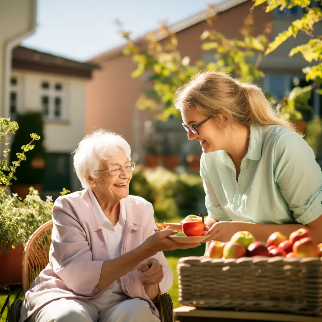 Friendly nurse giving an apple to old woman.