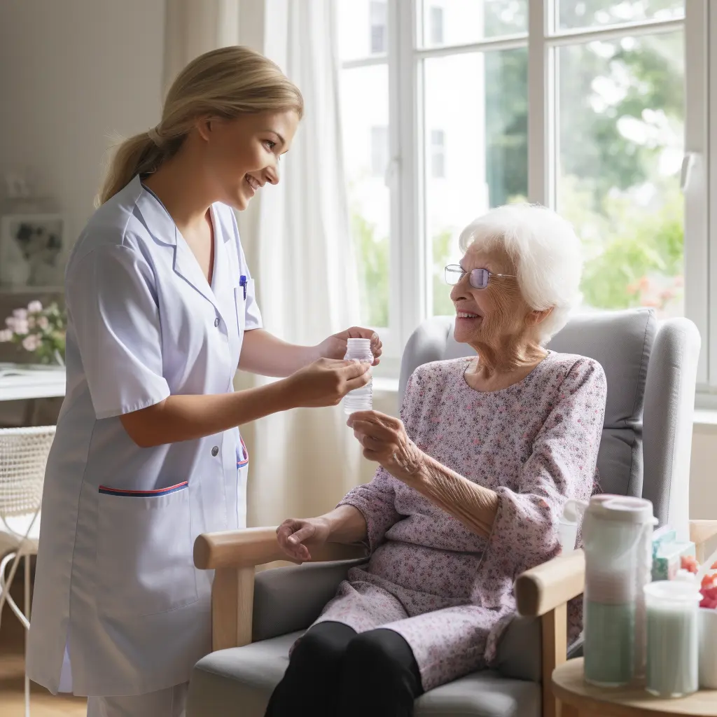 Nurse giving medication to old woman - Hellenic aged care