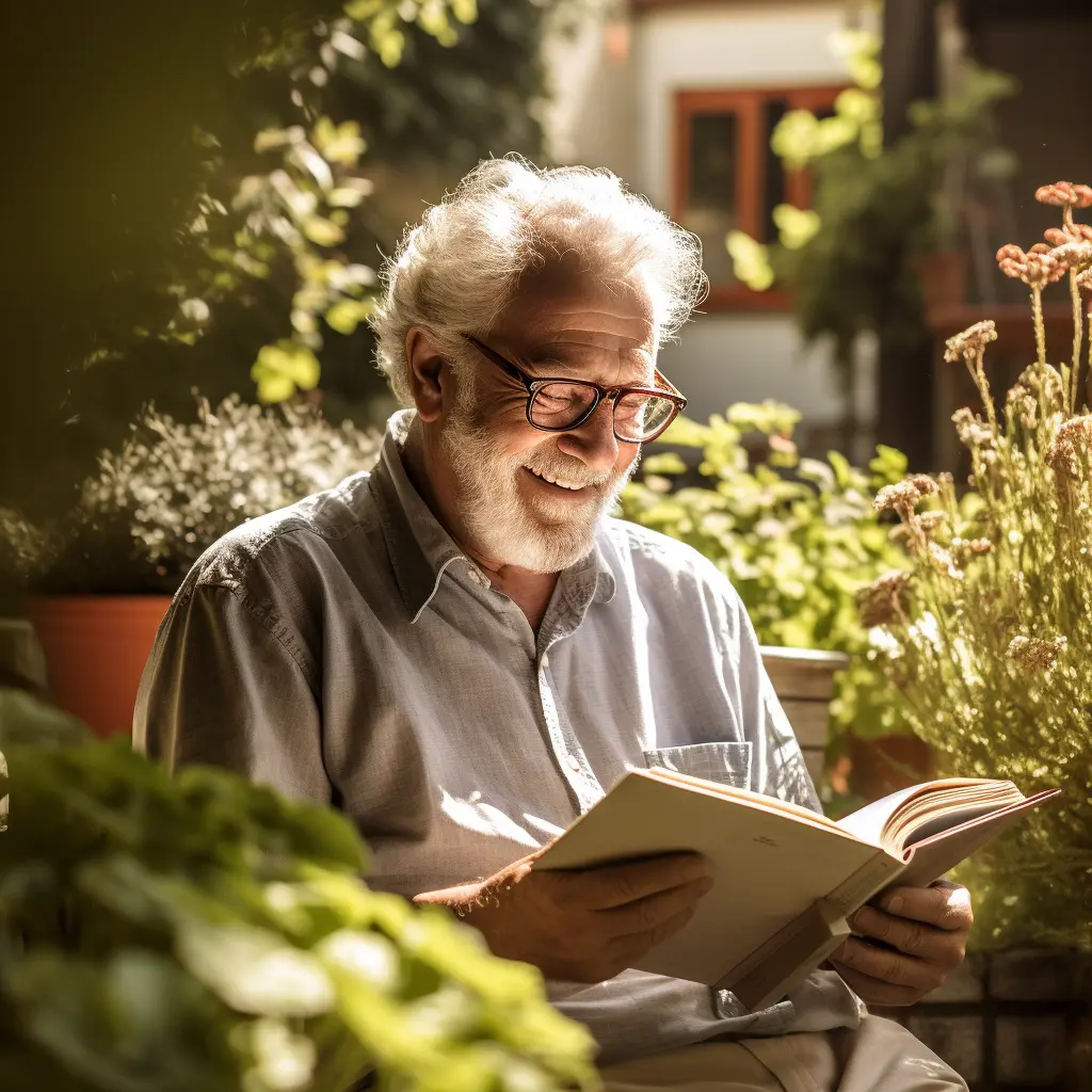 Old man reading a book at nursing home.