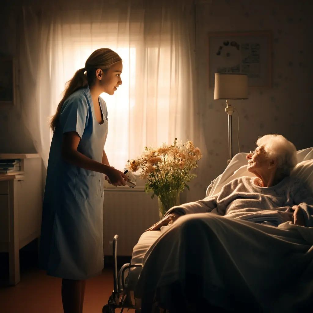 Nurse taking care of disabled old woman.