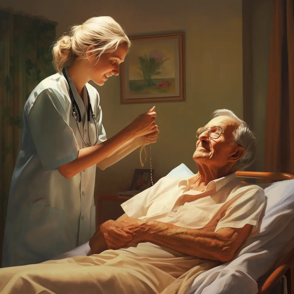 Nurse taking care of sick old man in health care facility - Perth