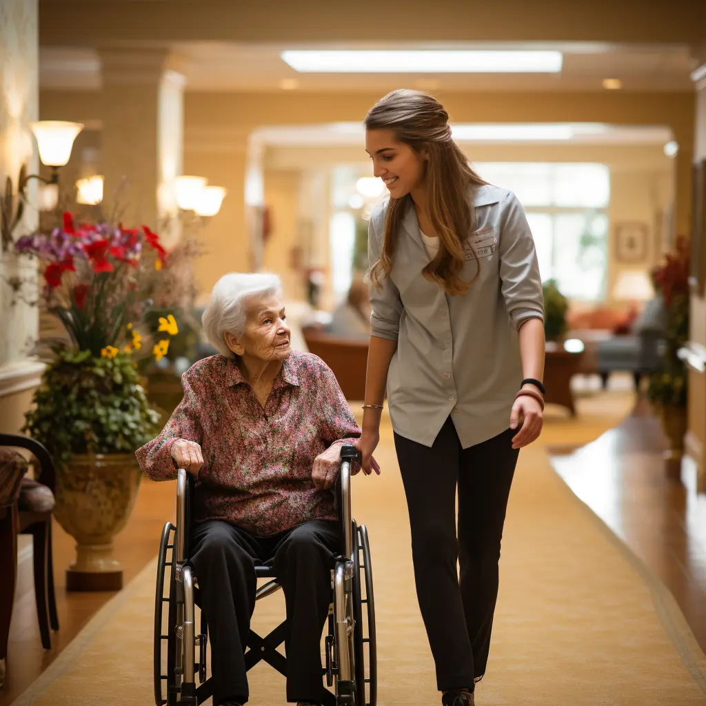 Nurse giving old woman a tour of nursing home.