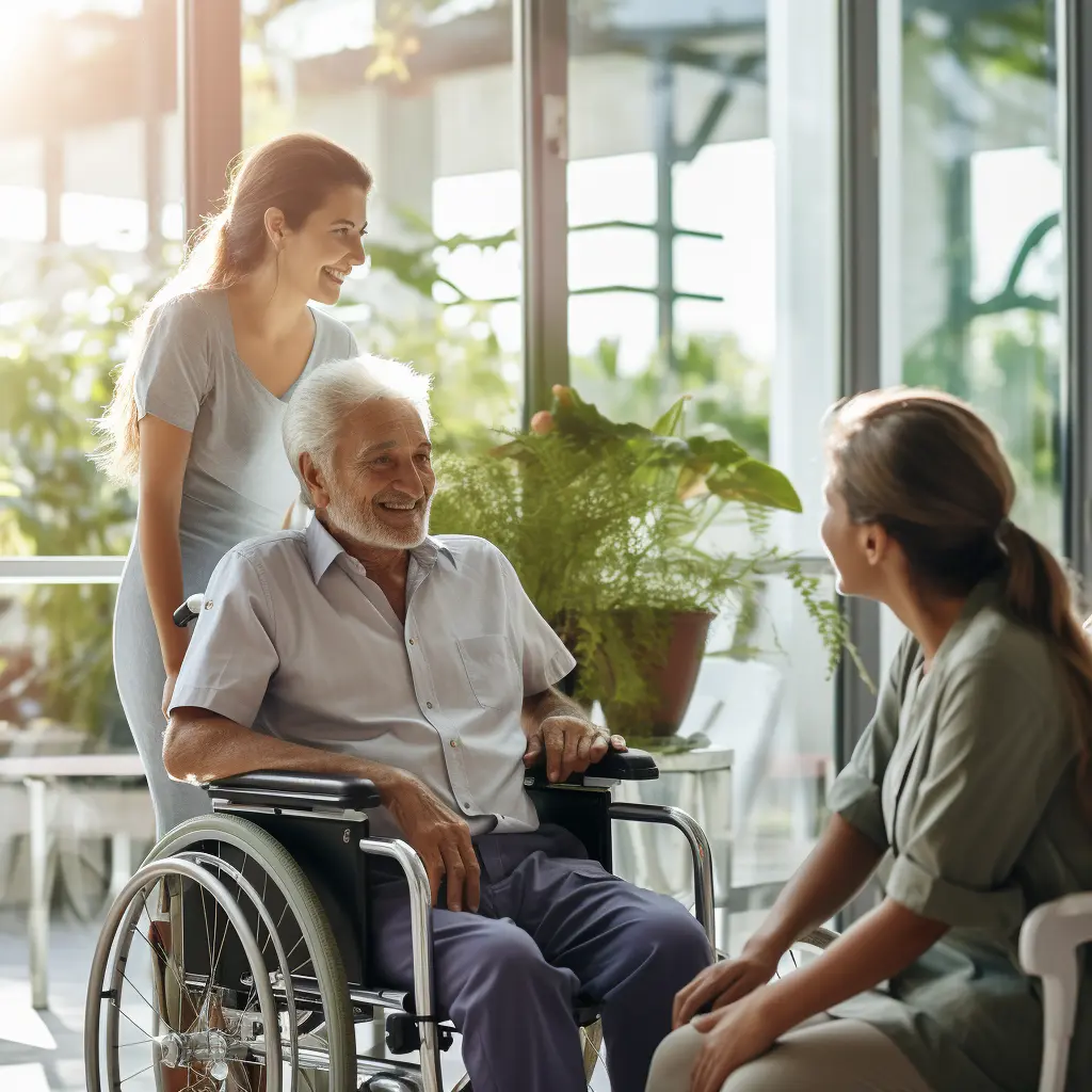 Woman talking to nurse while old man sits in wheelchair.