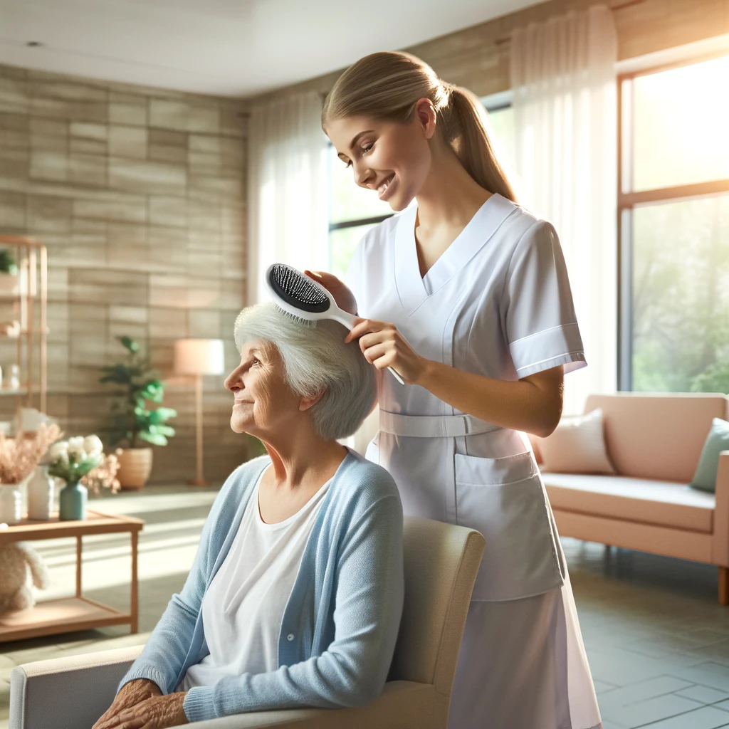 Nurse brushing old woman's hair