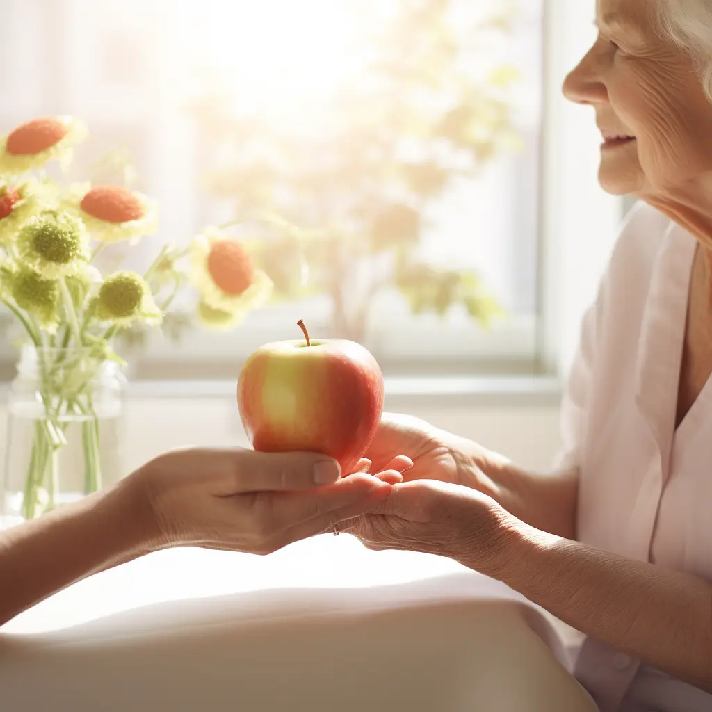 Nurse giving an apple to a senior aged care resident