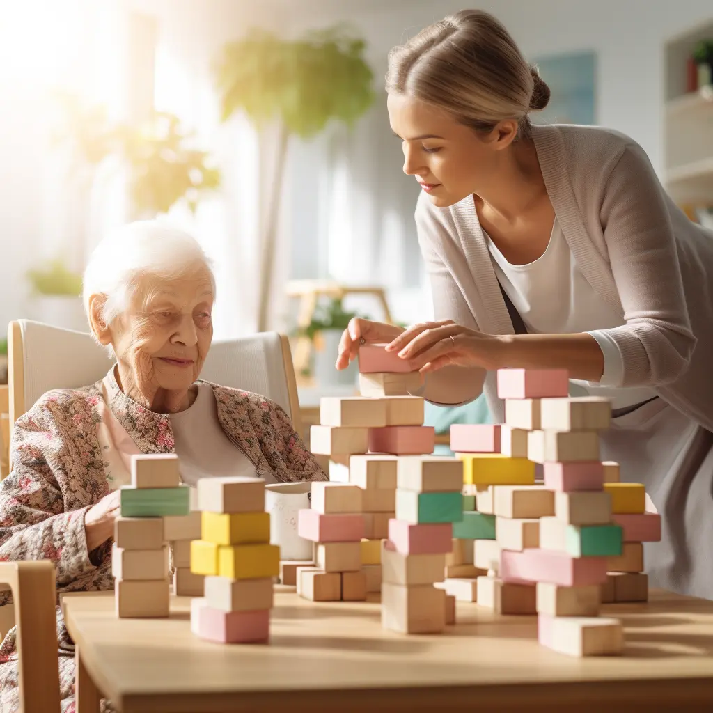 Nurse helping elderly woman with dementia to build blocks