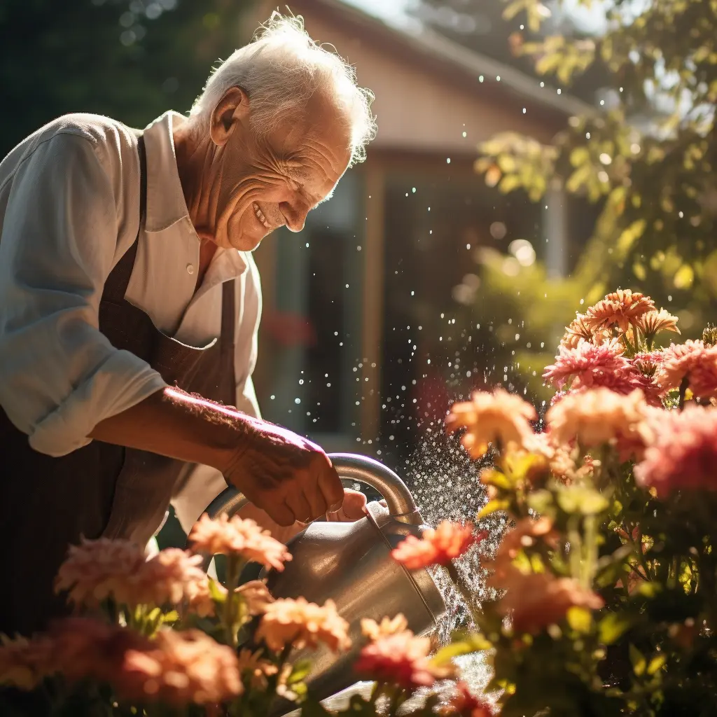 Friendly Aged care resident watering flowers